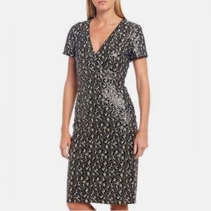 Badgley Mischka Sequin Leopard Midi Dress 6 Silver Black Sheath Cocktail Party